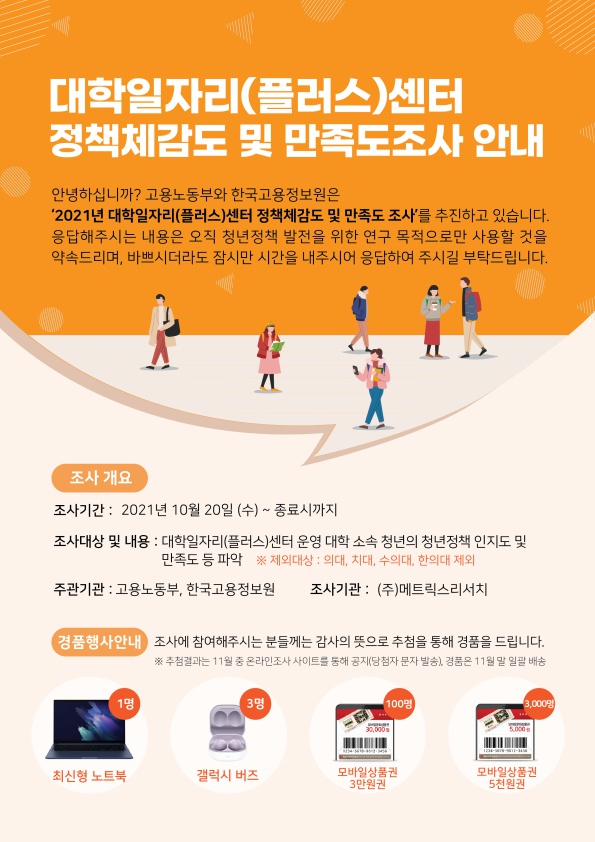 고용노동부와 한국고용정보원은 2021년 대학일자리(플러스)센터 정책체감도 및 만족도 조사를 