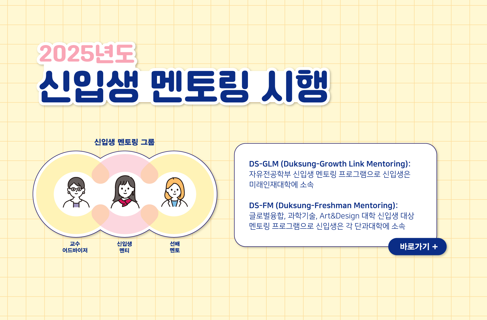 2025학년도
덕성이룸 예비대학 & Pre-School
행사 개요
우리 대학의 역사부터 다양한 학교 생활 안내까지
지금 덕성이룸 예비대학과 Pre-Shool에 참여하세요!
덕성이룸 예비대학 : 1.24.Fri ~ 2.28.Fri
Pre-School : 1.24.Fri ~ 3.31.Mon
· 장소   덕성여자대학교 e-Class
· 참여방법   수험번호 입력 후 접속
 바로가기+
